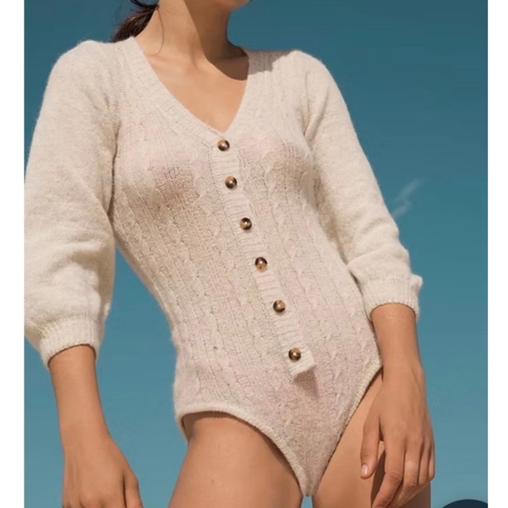 Tach Clothing Corina Cream Cable Knit Bodysuit Wool Blend Size Small